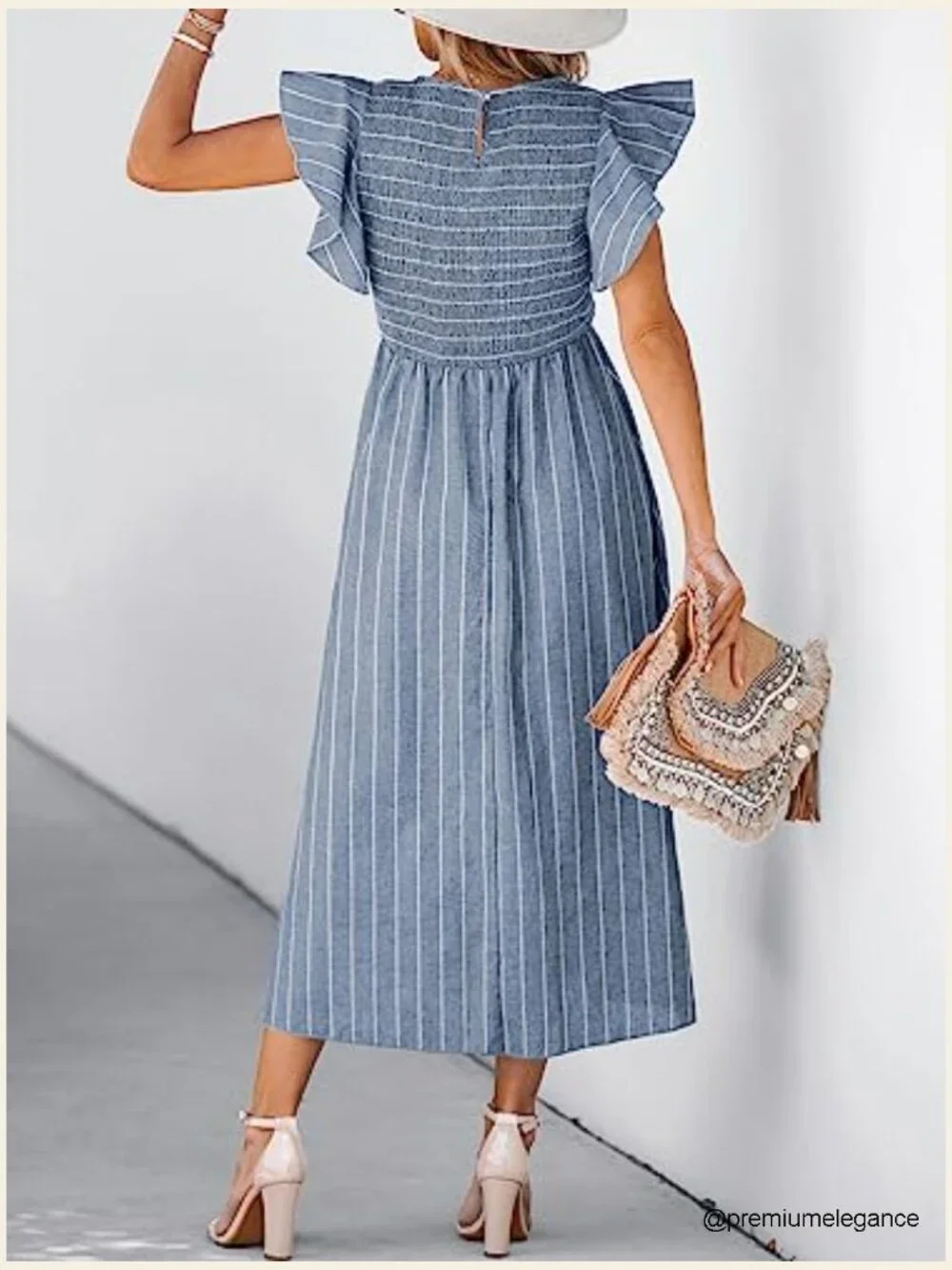 Striped Smocked Maxi Dress with Ruffled Sleeves, Square Neck, A-Line - Picture 3 of 6